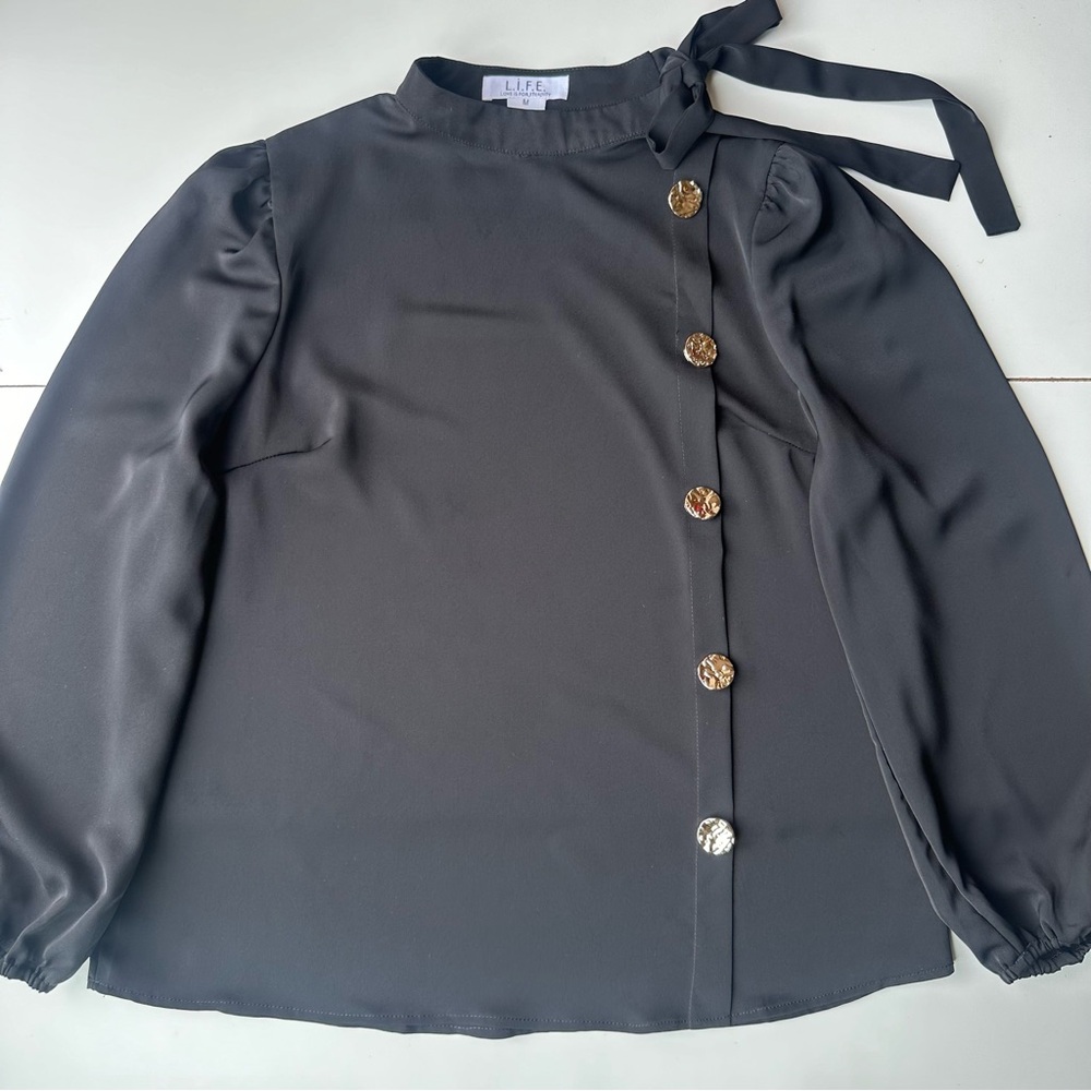 L.I.F.E. Women’s Solid Black Long Sleeve Top Button Down Size:M Medium
